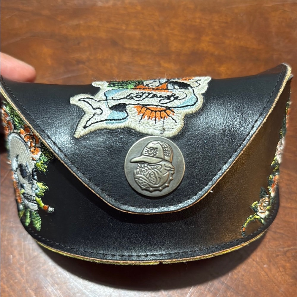 Ed Hardy Embroidered Black Leather Sunglasses Case